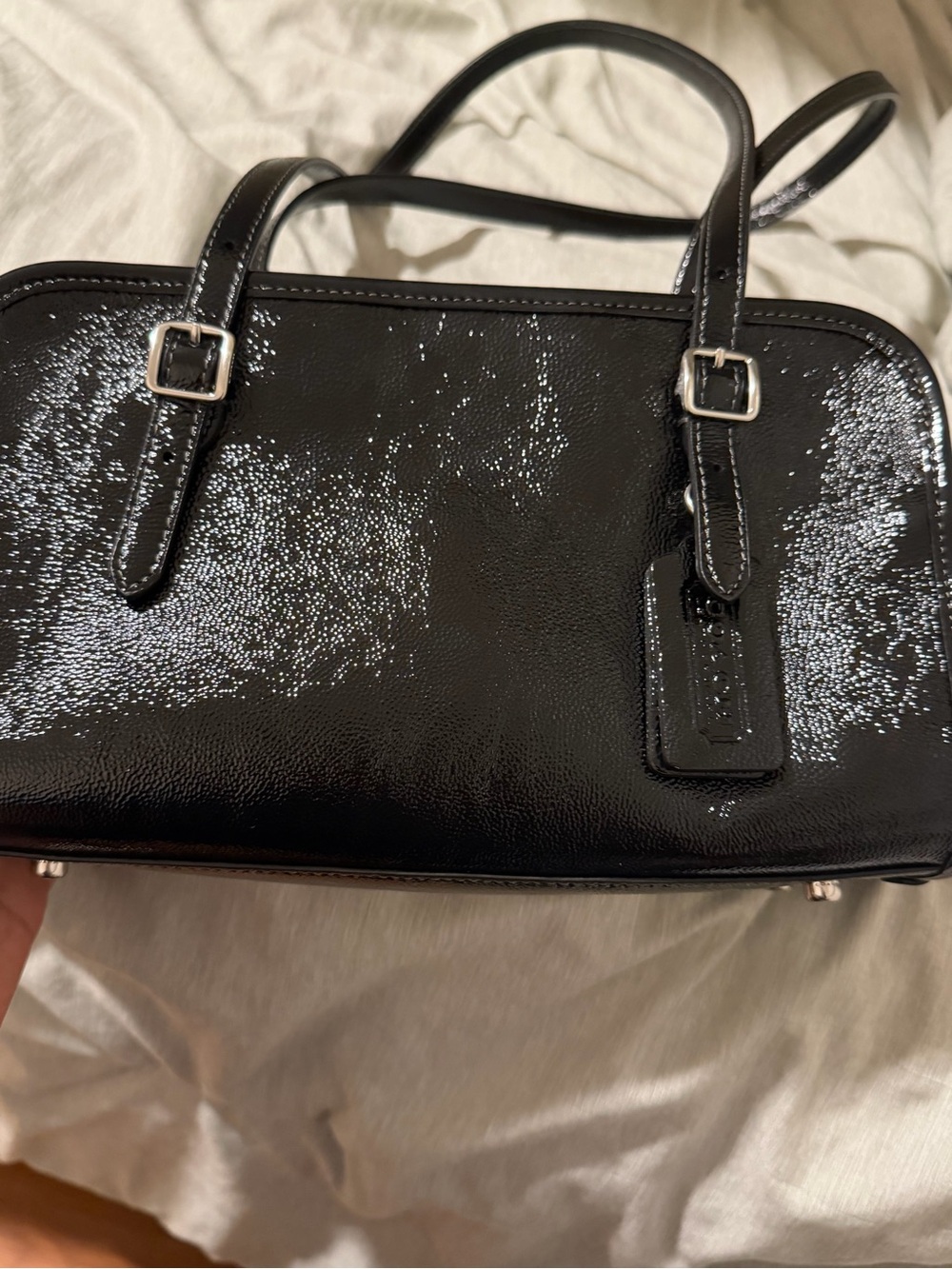 The swing zip coach crinkle Black Patent Leather Satchel - 2-Handle Women Bag